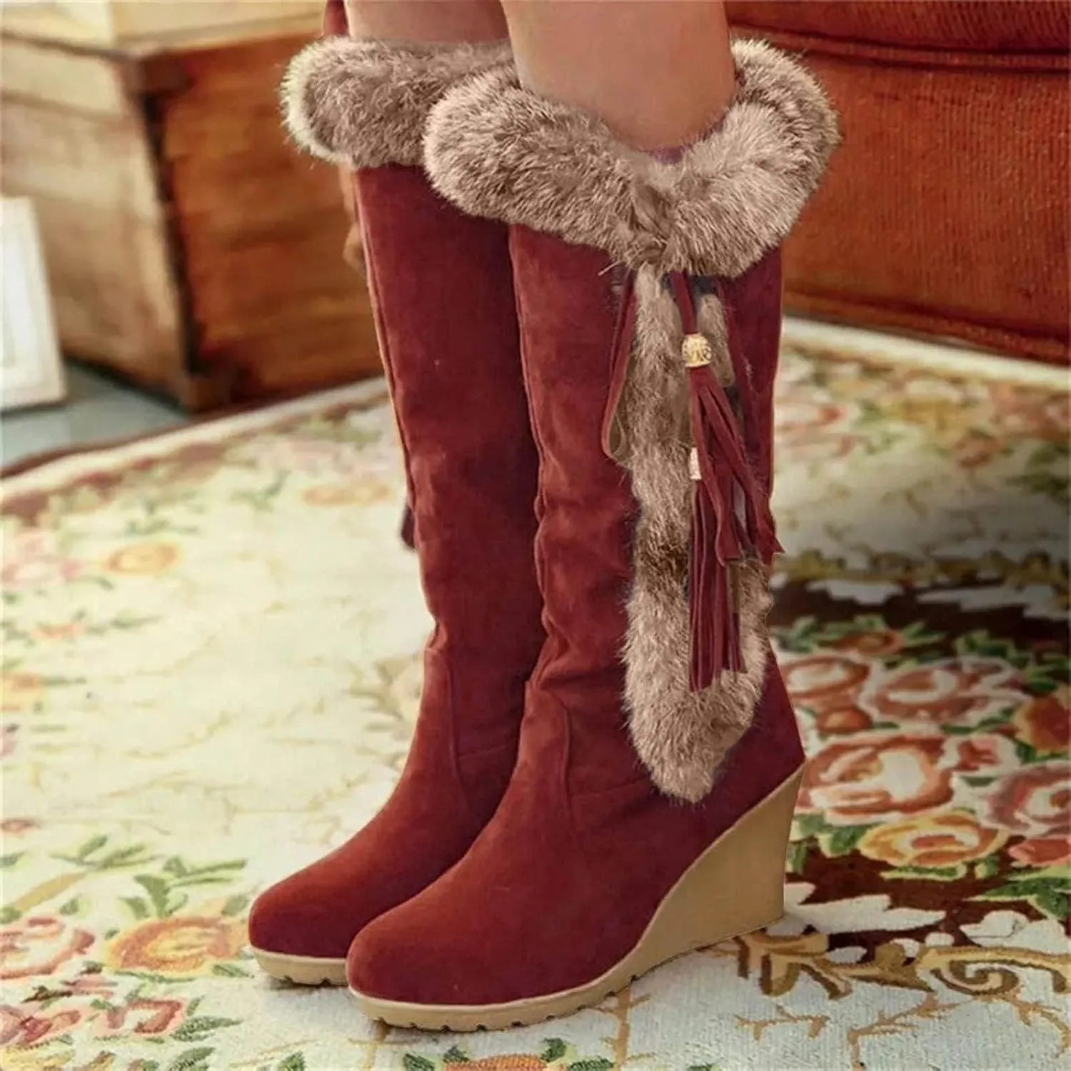 GUNIYIFS Womens Winter Snow Boots Chunky Heel Fur Lined Warm Boots Comfortable Slip On Suede Mid-Calf High Heel Boots Fashion