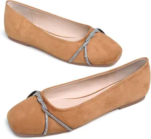 Hee grand Pointed Toe Ballet Flats for Women Suede Rhinestones Chains Black Dress Shoes Comfort Slip-On Loafers