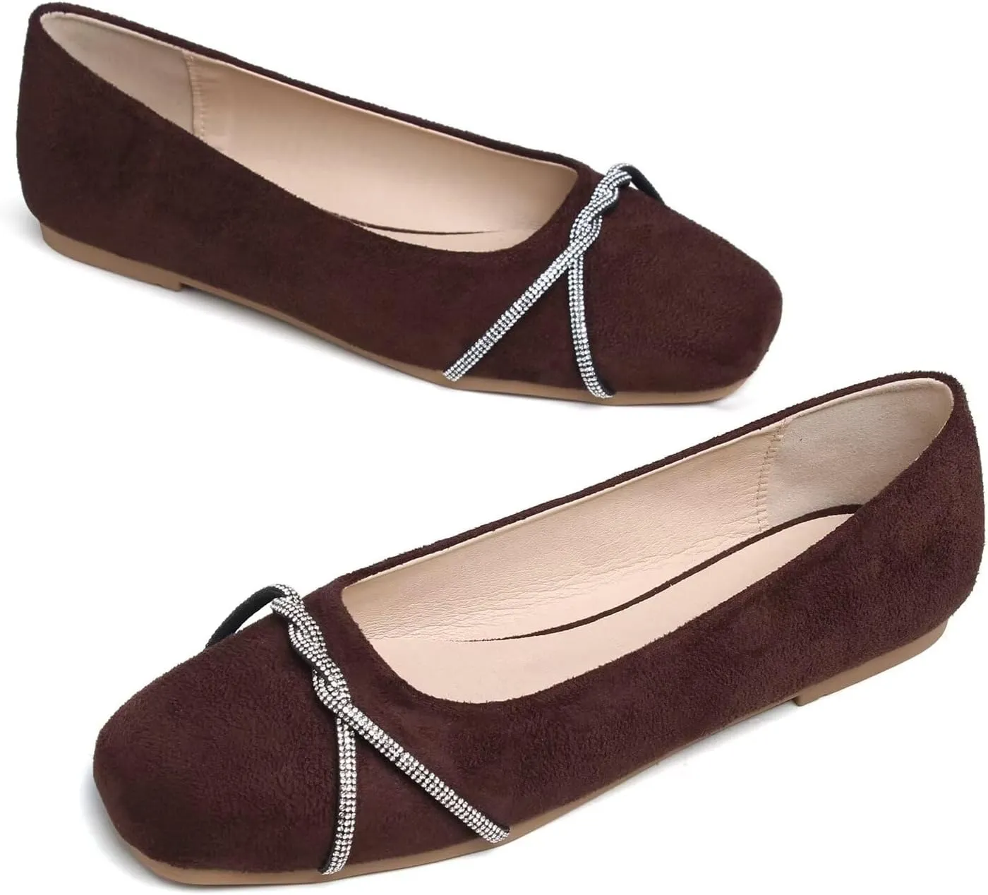 Hee grand Pointed Toe Ballet Flats for Women Suede Rhinestones Chains Black Dress Shoes Comfort Slip-On Loafers