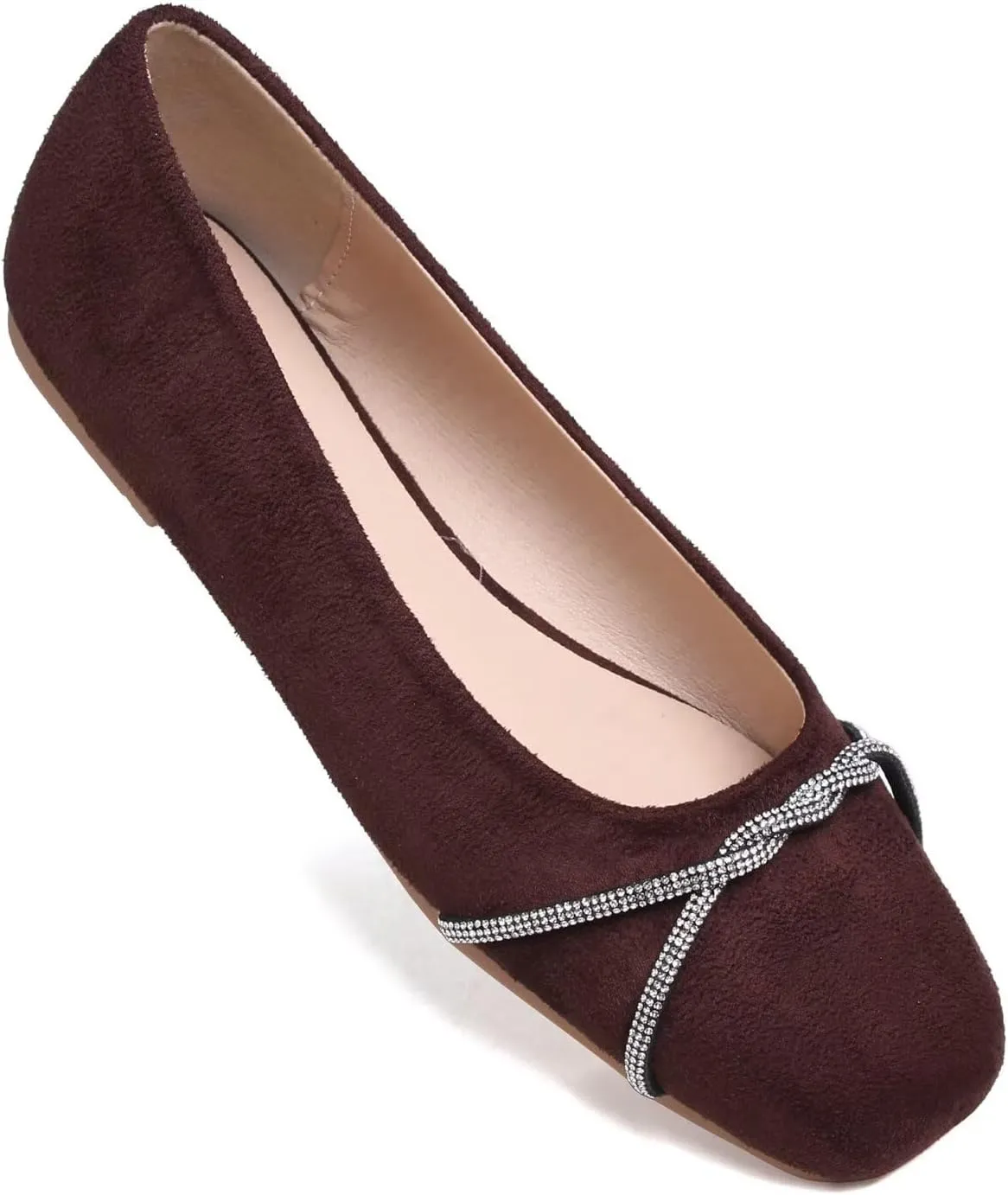 Hee grand Pointed Toe Ballet Flats for Women Suede Rhinestones Chains Black Dress Shoes Comfort Slip-On Loafers