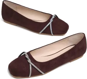 Hee grand Pointed Toe Ballet Flats for Women Suede Rhinestones Chains Black Dress Shoes Comfort Slip-On Loafers