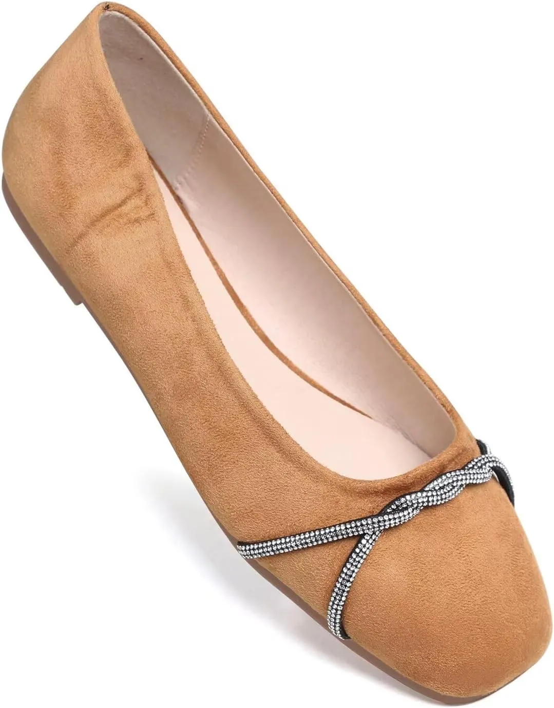 Hee grand Pointed Toe Ballet Flats for Women Suede Rhinestones Chains Black Dress Shoes Comfort Slip-On Loafers