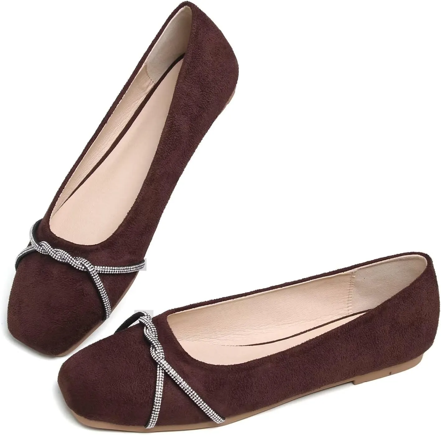 Hee grand Pointed Toe Ballet Flats for Women Suede Rhinestones Chains Black Dress Shoes Comfort Slip-On Loafers