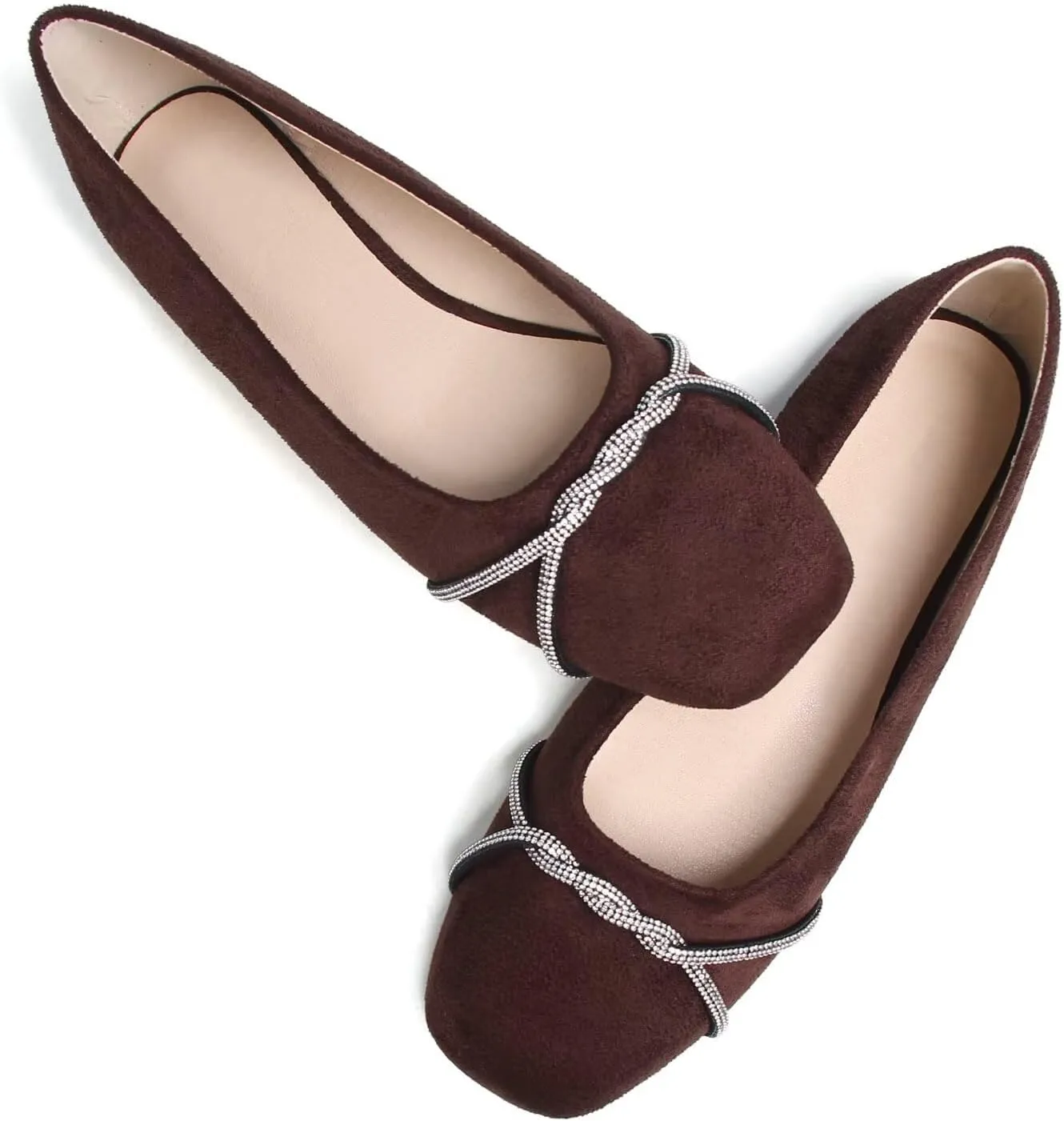 Hee grand Pointed Toe Ballet Flats for Women Suede Rhinestones Chains Black Dress Shoes Comfort Slip-On Loafers