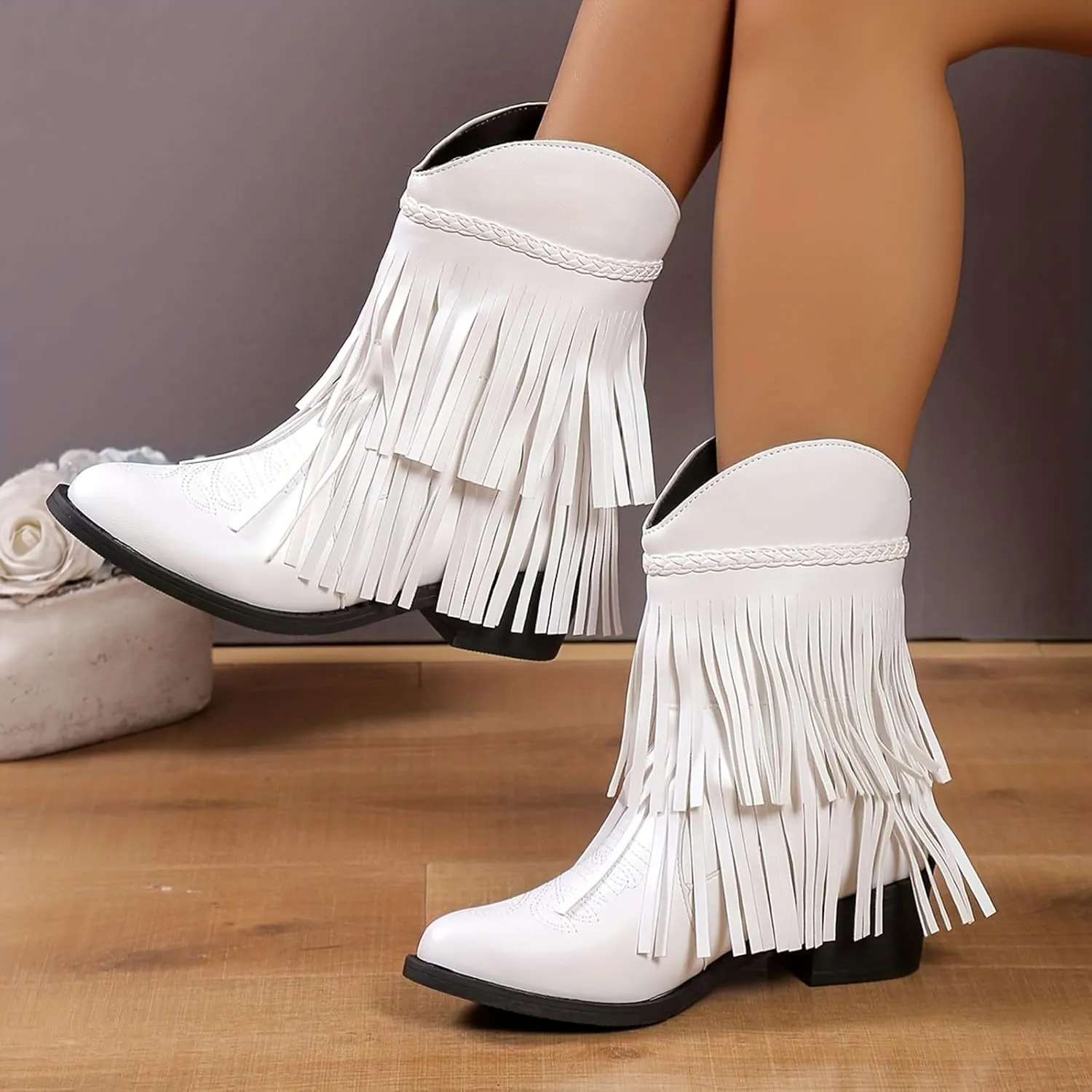 Hiking Boots Women Women's Mid Calf Tassel Cowboy Boots Embroidery Low Heels Western Bootie For Ladies Fall Winter