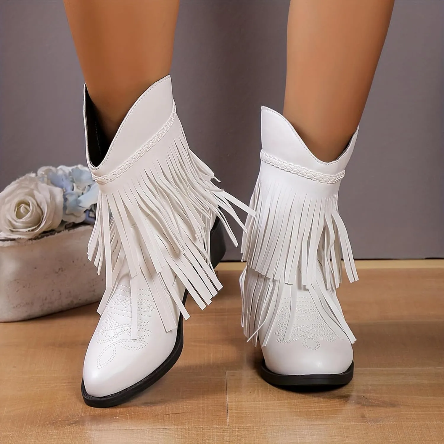 Hiking Boots Women Women's Mid Calf Tassel Cowboy Boots Embroidery Low Heels Western Bootie For Ladies Fall Winter