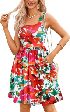 HOTOUCH Women's Summer Dress Floral Square Neck Sleeveless Casual Dress with Pockets A-line Swing Mini Dresses Sundress