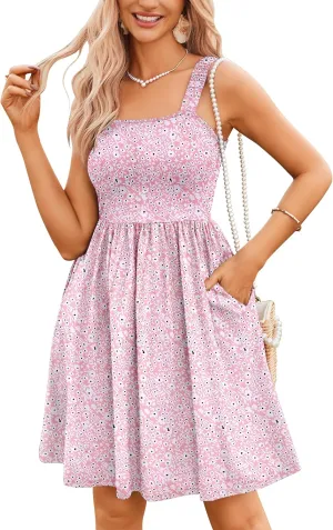HOTOUCH Women's Summer Dress Floral Square Neck Sleeveless Casual Dress with Pockets A-line Swing Mini Dresses Sundress