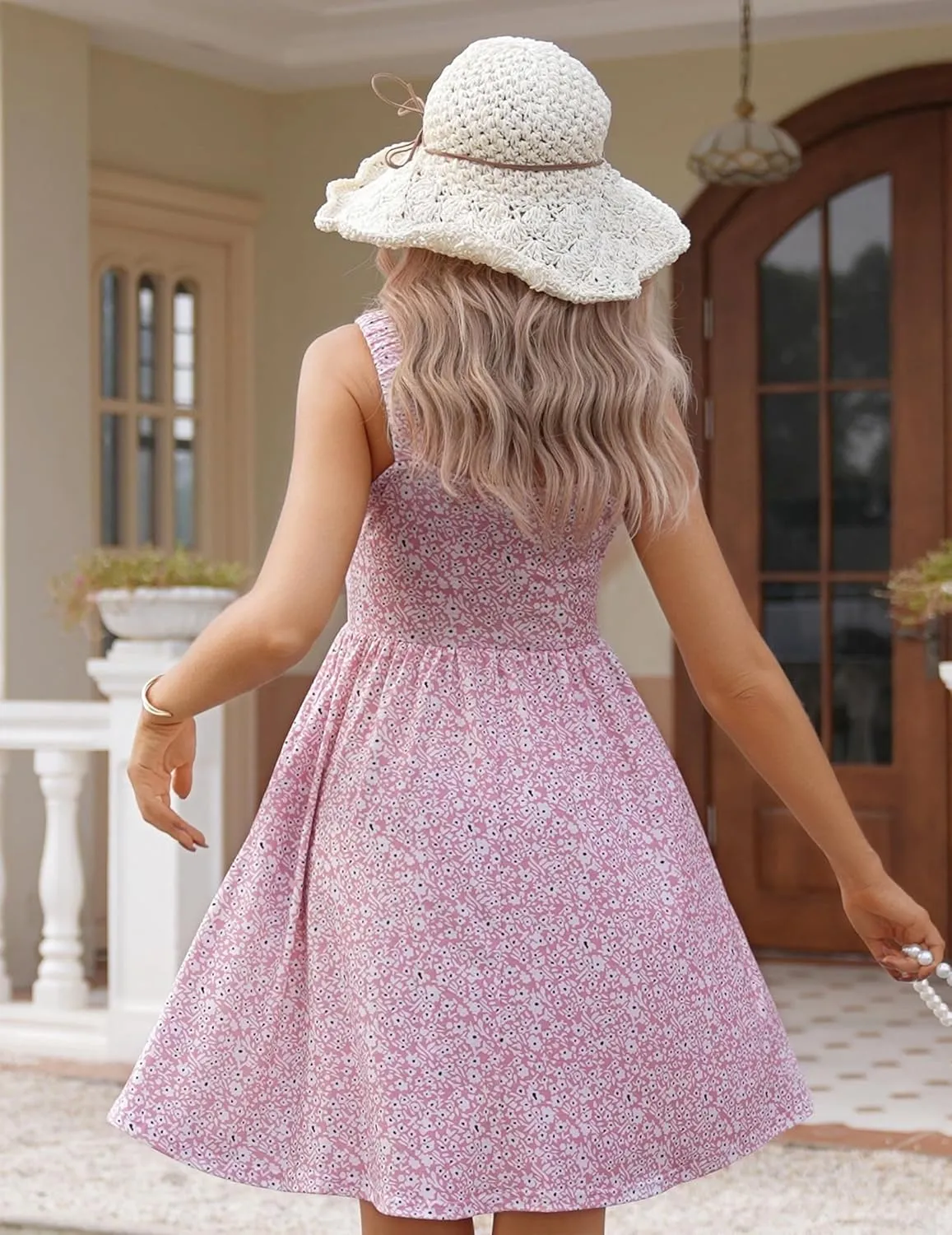 HOTOUCH Women's Summer Dress Floral Square Neck Sleeveless Casual Dress with Pockets A-line Swing Mini Dresses Sundress