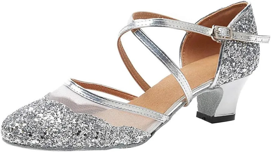 HROYL Closed Toe Ballroom Dance Shoes Women Ankle Strap Sequin Latin Salsa Tango Wedding Dance Shoes,Model YCL267