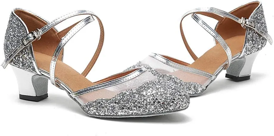 HROYL Closed Toe Ballroom Dance Shoes Women Ankle Strap Sequin Latin Salsa Tango Wedding Dance Shoes,Model YCL267