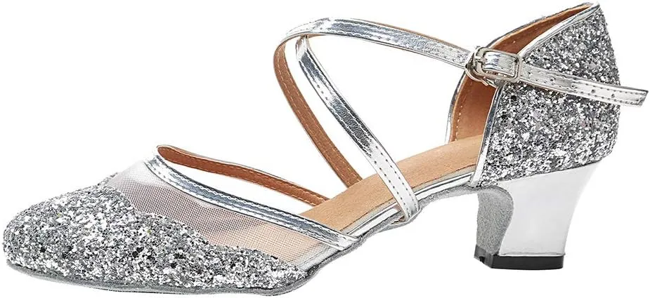 HROYL Closed Toe Ballroom Dance Shoes Women Ankle Strap Sequin Latin Salsa Tango Wedding Dance Shoes,Model YCL267
