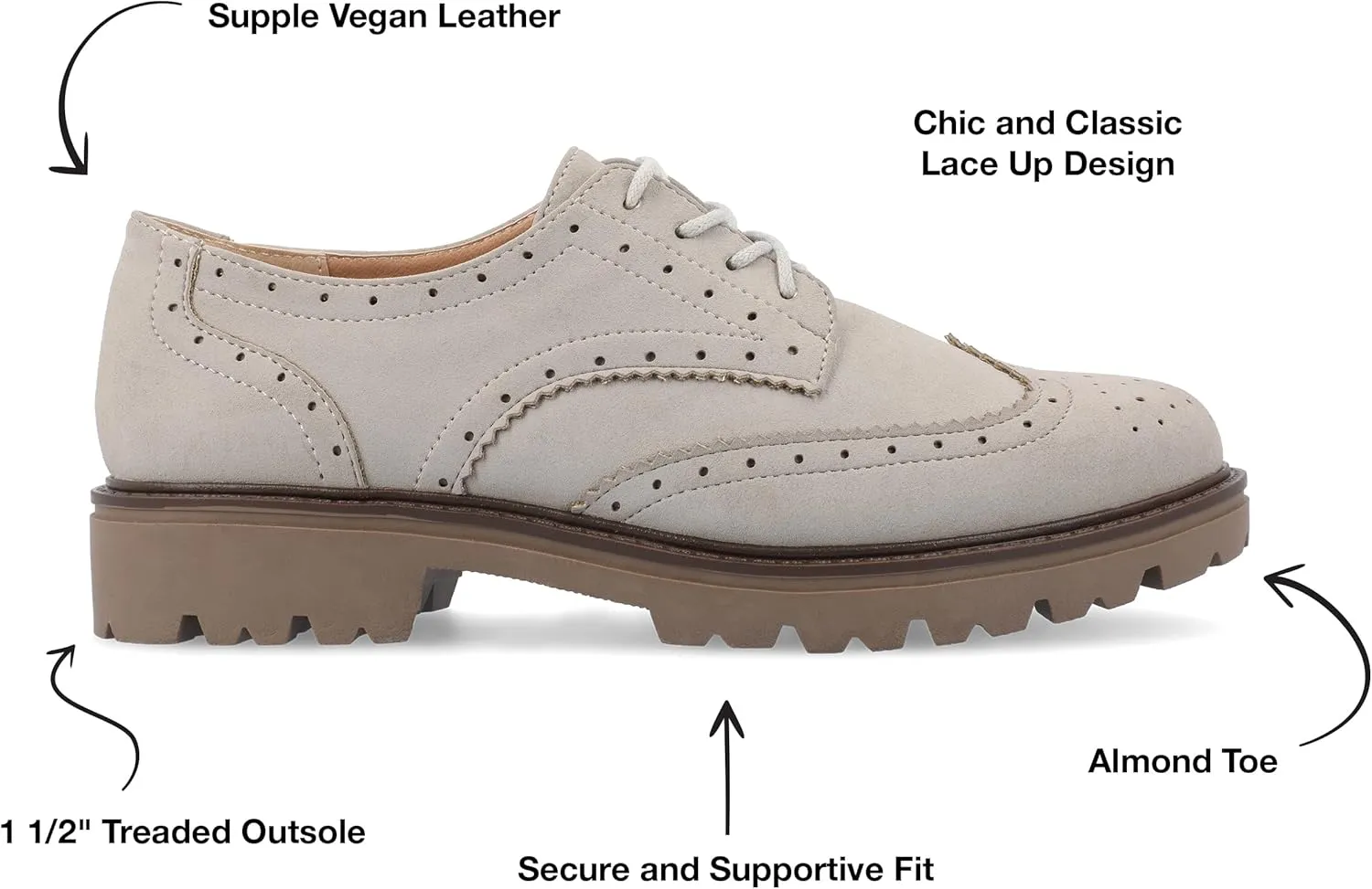 Journee Womens Cushioned footbeds Claudiya Oxford Flat Almond-Toe Faux Leather lace-up
