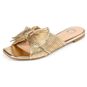 Journee Womens Pleated Metallic Bow Knot Low Block Heel Padded Open Square Toe Serlina Slide Sandal Gold 11 Medium Womens US