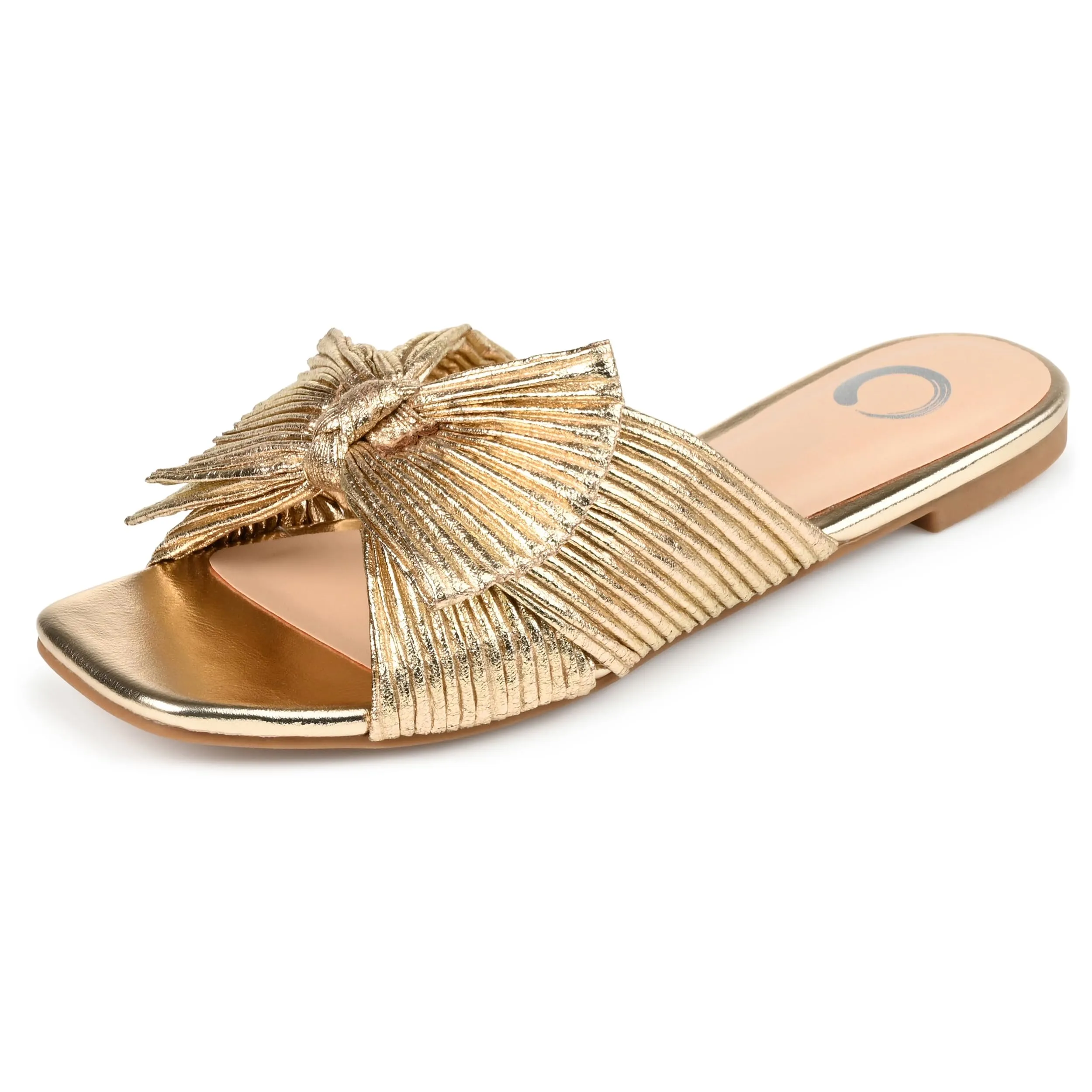 Journee Womens Pleated Metallic Bow Knot Low Block Heel Padded Open Square Toe Serlina Slide Sandal Gold 11 Medium Womens US