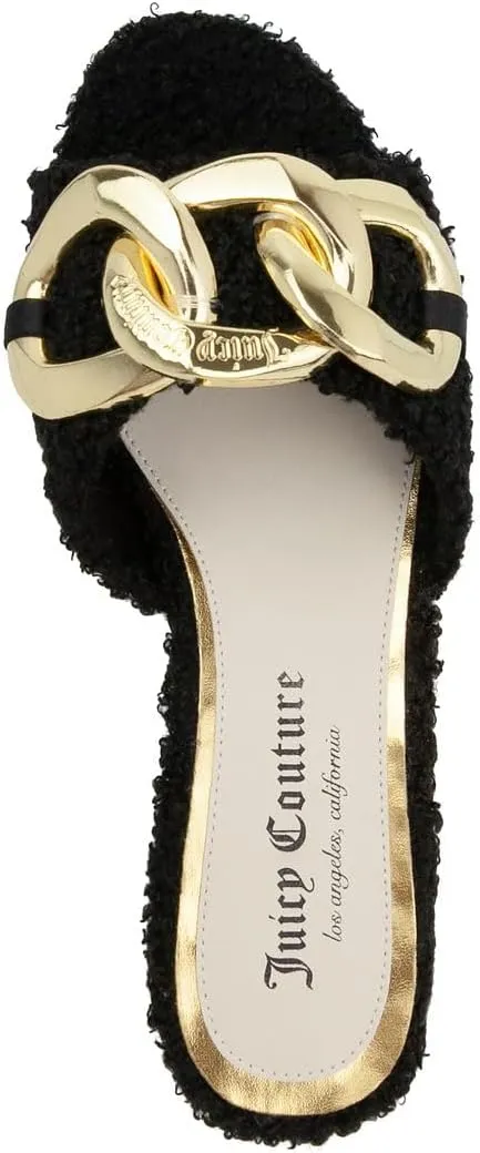 Juicy Couture Women's Fashion Low Heel Slides Luxury Fur Slippers Open Toe Cushioned Casual Flat Sandals for Outdoor Indoor
