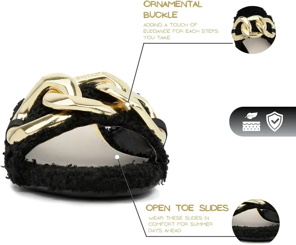 Juicy Couture Women's Fashion Low Heel Slides Luxury Fur Slippers Open Toe Cushioned Casual Flat Sandals for Outdoor Indoor