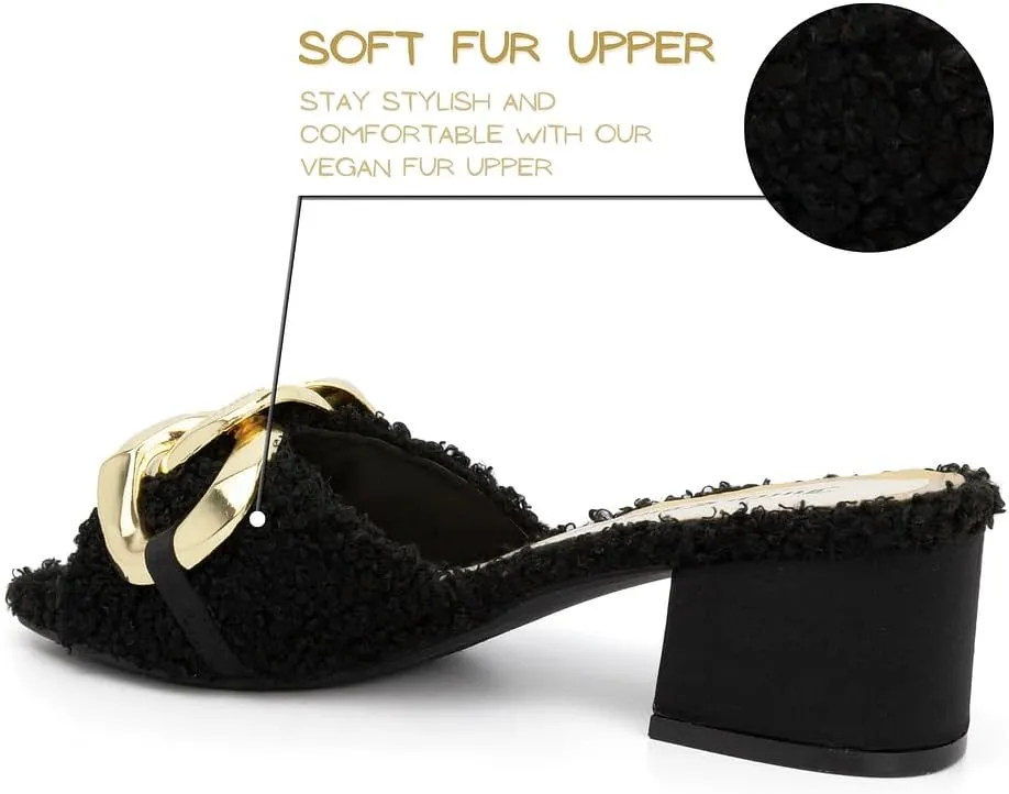 Juicy Couture Women's Fashion Low Heel Slides Luxury Fur Slippers Open Toe Cushioned Casual Flat Sandals for Outdoor Indoor