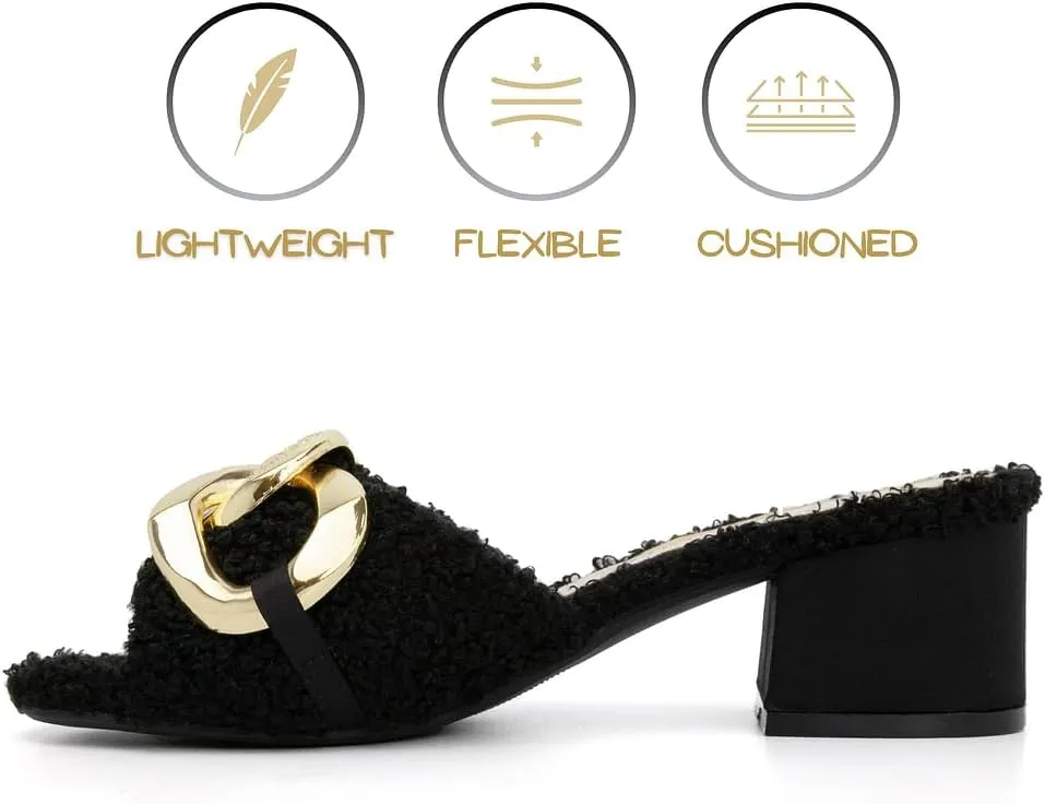 Juicy Couture Women's Fashion Low Heel Slides Luxury Fur Slippers Open Toe Cushioned Casual Flat Sandals for Outdoor Indoor