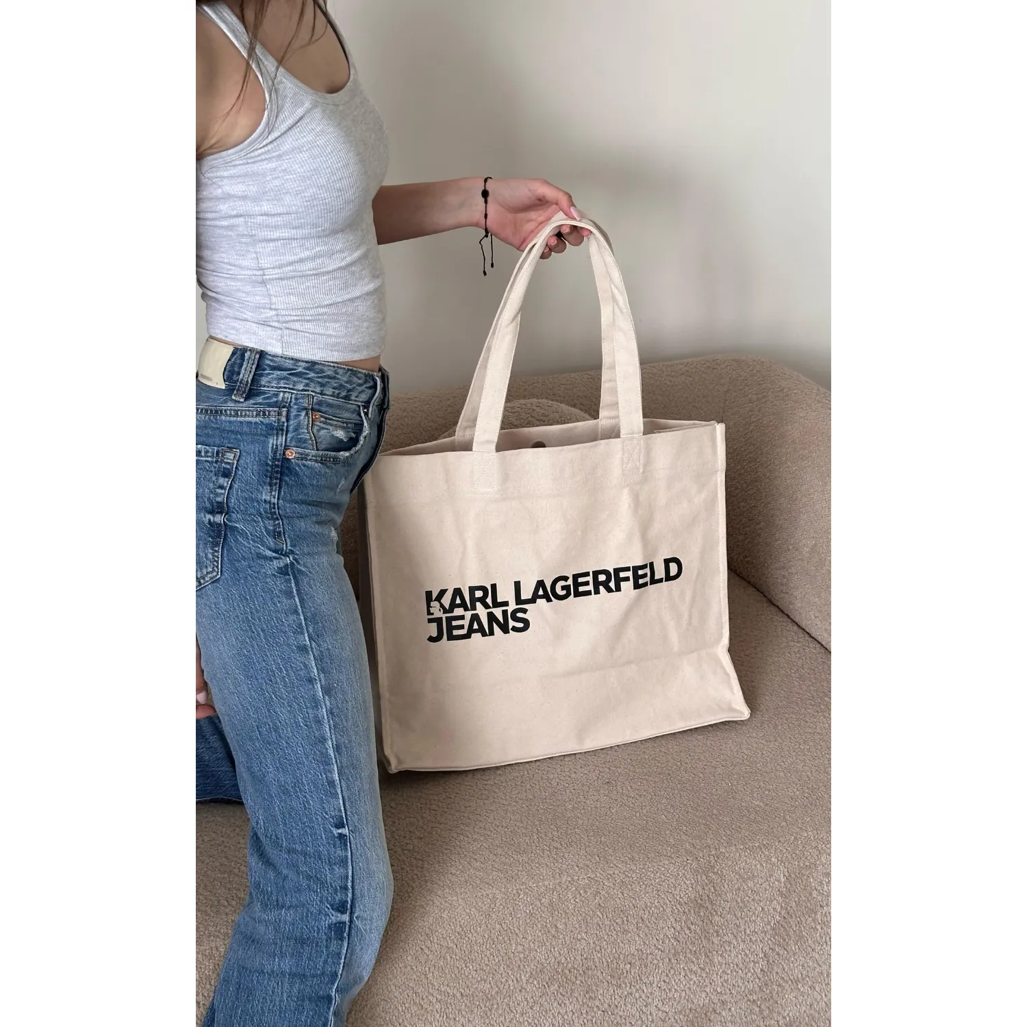 KARL LAGERFELD JEANS BEIGE LOGO CANVAS SHOPPER BAG