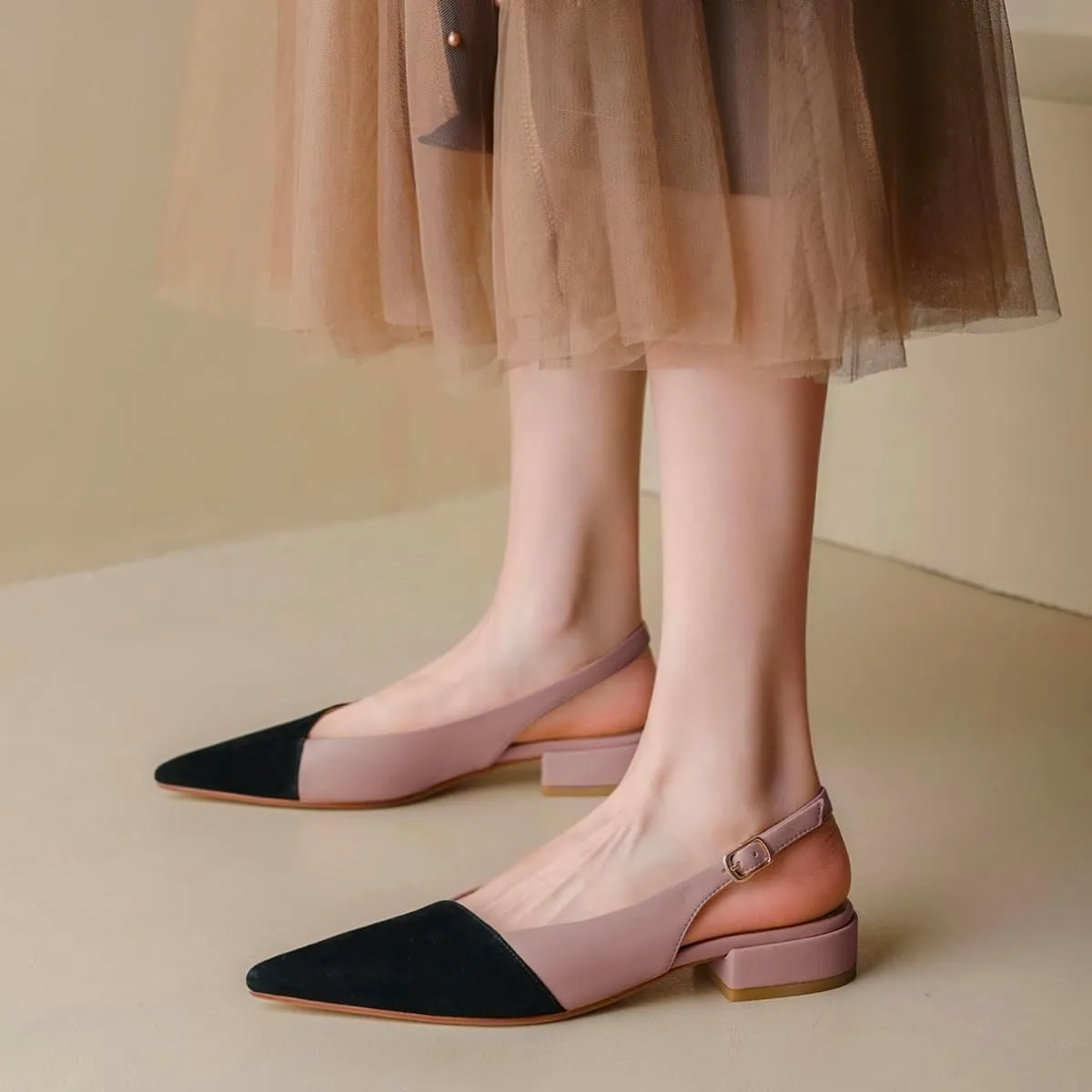 LEHOOR Women Slingback Flats Cap Toe Two Tone Pointed Closed Toe Flat Heel Sandals Pumps Colorblock Buckle Strap Patchwork Slip On Sandals Comfortable Chic Office Ladies Summer 4-11 M US