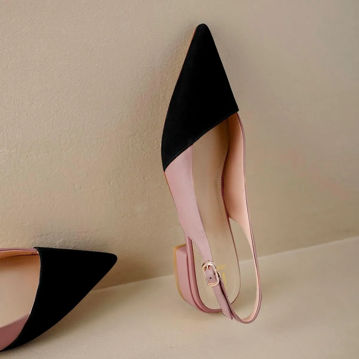 LEHOOR Women Slingback Flats Cap Toe Two Tone Pointed Closed Toe Flat Heel Sandals Pumps Colorblock Buckle Strap Patchwork Slip On Sandals Comfortable Chic Office Ladies Summer 4-11 M US