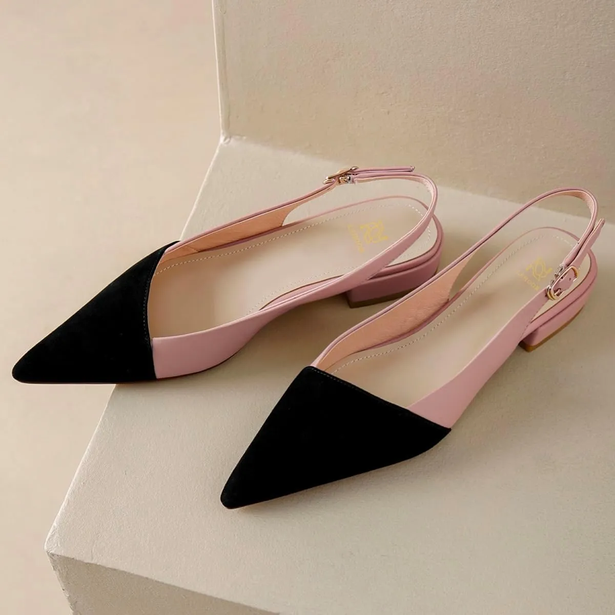 LEHOOR Women Slingback Flats Cap Toe Two Tone Pointed Closed Toe Flat Heel Sandals Pumps Colorblock Buckle Strap Patchwork Slip On Sandals Comfortable Chic Office Ladies Summer 4-11 M US