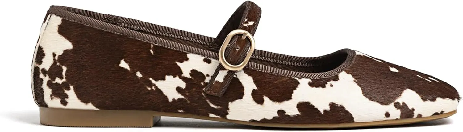 Leopard Ballet Flats for Women Velvet Animal Print Square Toe Mary Jane Flats Silver Buckle Comfortable Ballerina Shoes