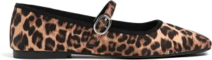 Leopard Ballet Flats for Women Velvet Animal Print Square Toe Mary Jane Flats Silver Buckle Comfortable Ballerina Shoes
