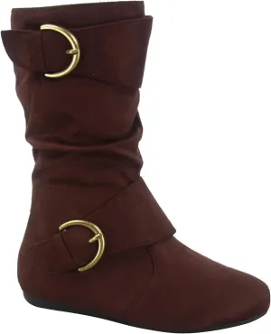 Link Klein-70k Girl's Kid's Faux Suede Two Buckle Zipper Flat Heel Mid Calf Slouchy Boot Shoes (9 B(M) US, Brown)