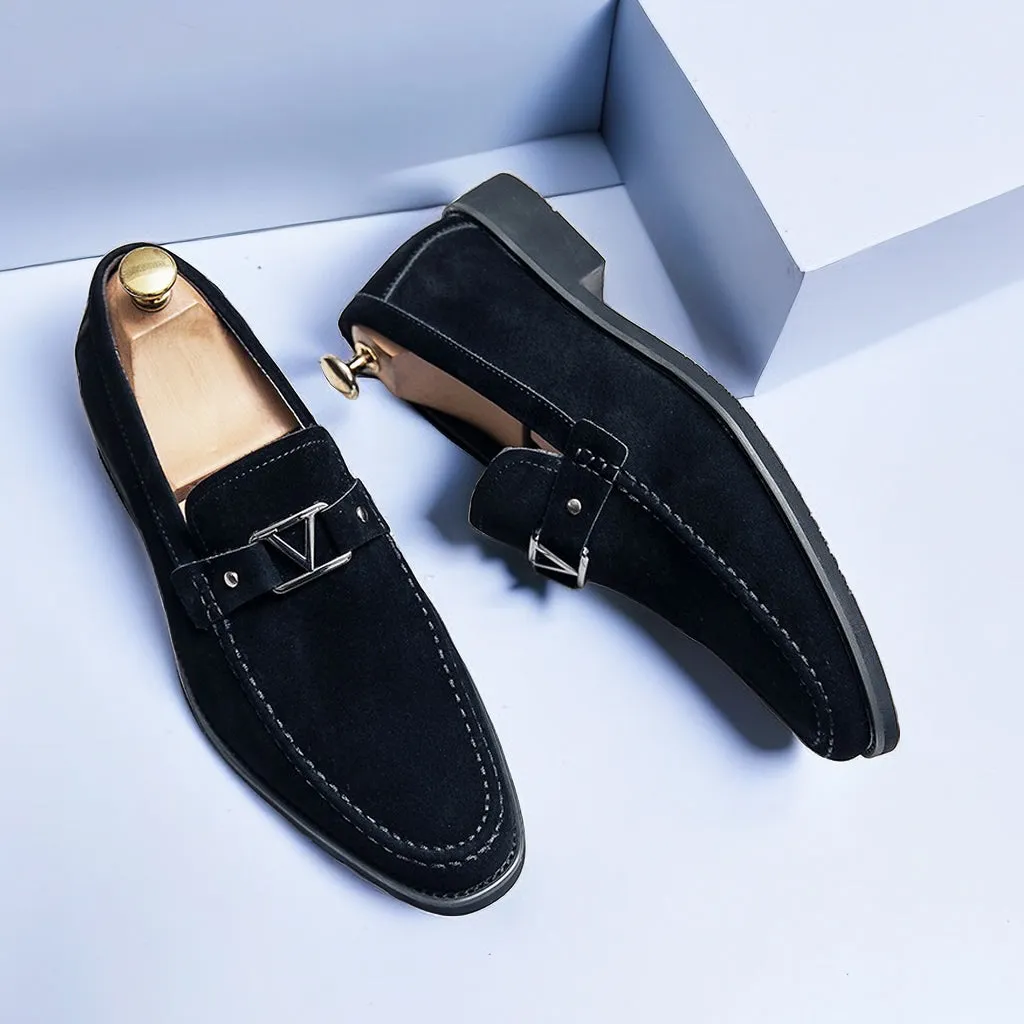 Men’s Suede Loafers – Slip-On Design with Gunmetal Buckle, Elegant Comfort