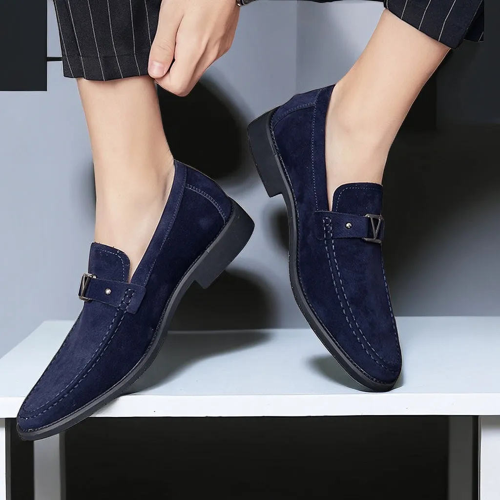 Men’s Suede Loafers – Slip-On Design with Gunmetal Buckle, Elegant Comfort