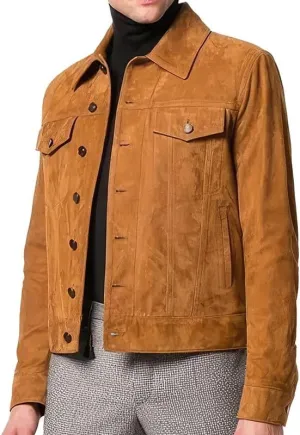 Men’s Tan Brown Genuine Suede Leather Jacket with Shirt Collar – Classic Third Generation Cowboy Native American Vintage Style