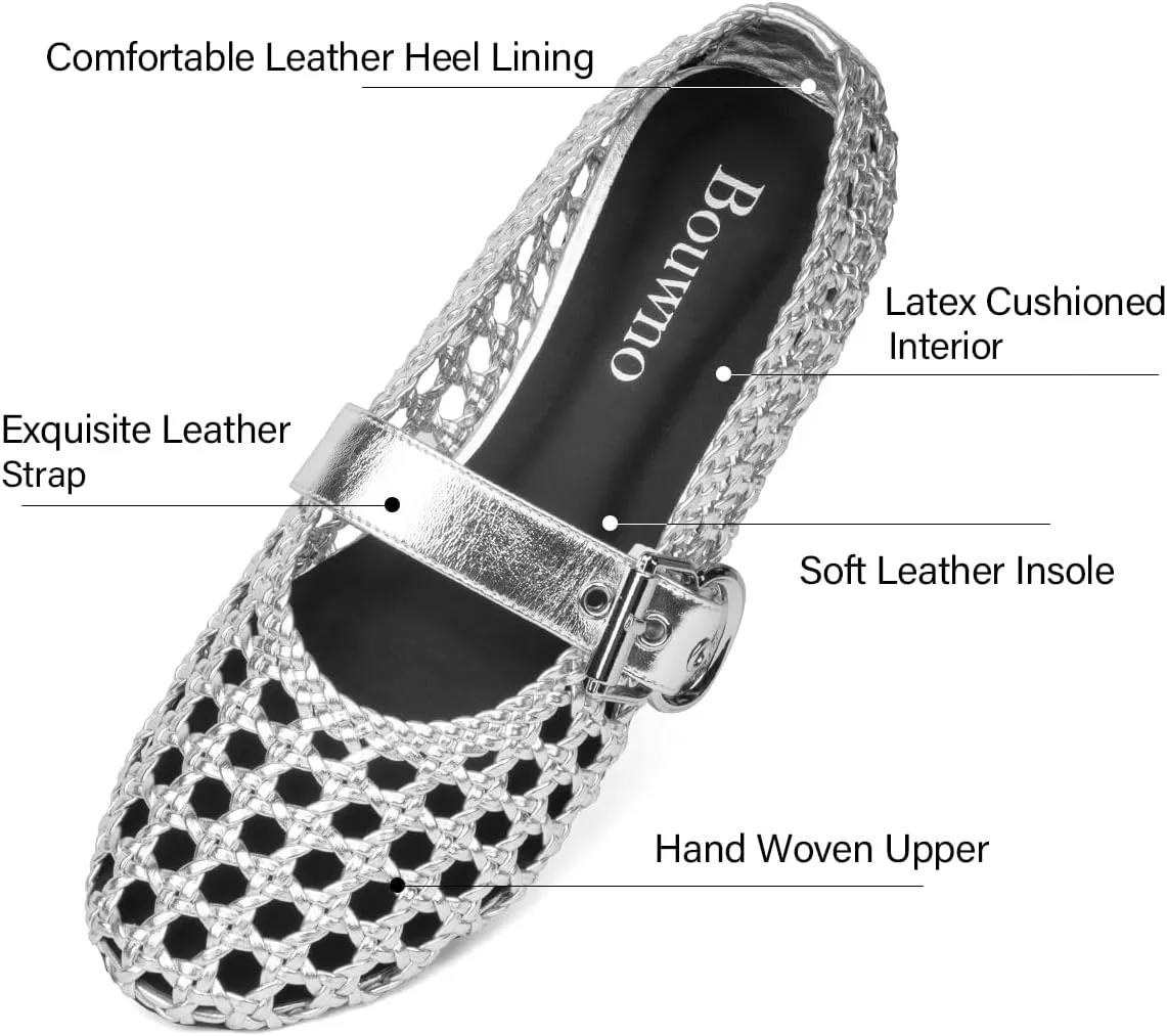 Mesh Ballet Flats for Women Hand Woven Slip on Mary Jane Flats Leather Round Toe Comfy Buckle Strap Dressy Beach Ballerina Sandals