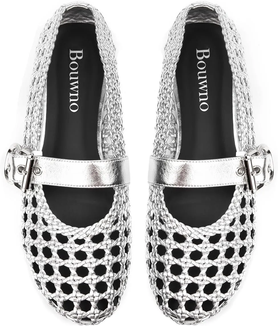 Mesh Ballet Flats for Women Hand Woven Slip on Mary Jane Flats Leather Round Toe Comfy Buckle Strap Dressy Beach Ballerina Sandals