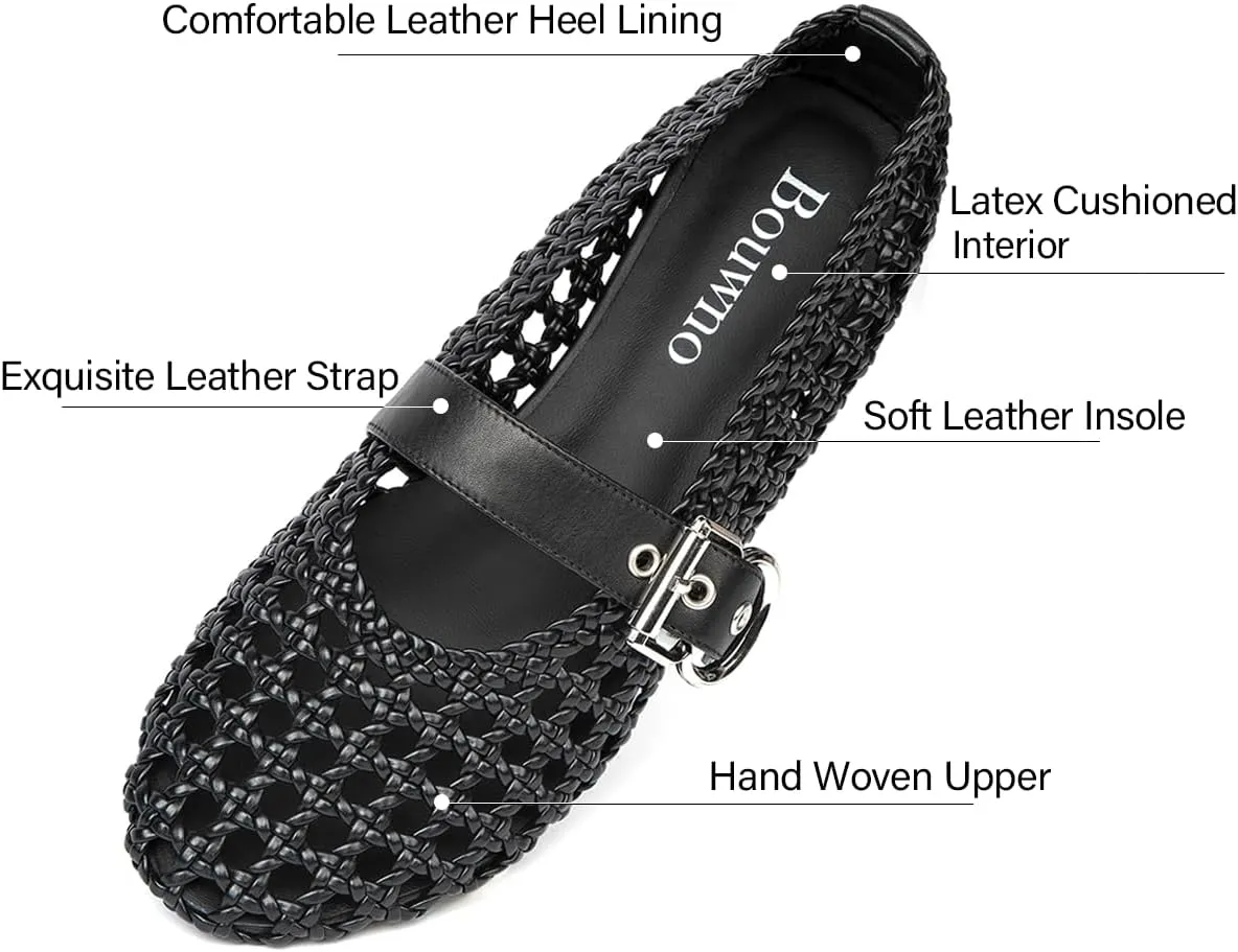 Mesh Ballet Flats for Women Hand Woven Slip on Mary Jane Flats Leather Round Toe Comfy Buckle Strap Dressy Beach Ballerina Sandals