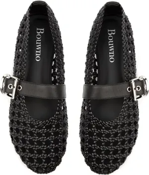 Mesh Ballet Flats for Women Hand Woven Slip on Mary Jane Flats Leather Round Toe Comfy Buckle Strap Dressy Beach Ballerina Sandals
