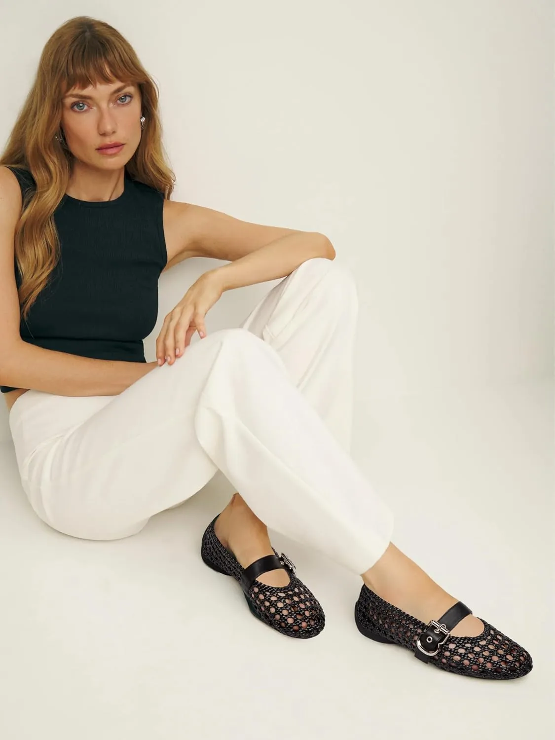 Mesh Ballet Flats for Women Hand Woven Slip on Mary Jane Flats Leather Round Toe Comfy Buckle Strap Dressy Beach Ballerina Sandals