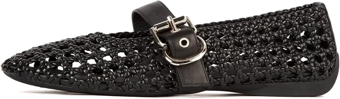 Mesh Ballet Flats for Women Hand Woven Slip on Mary Jane Flats Leather Round Toe Comfy Buckle Strap Dressy Beach Ballerina Sandals