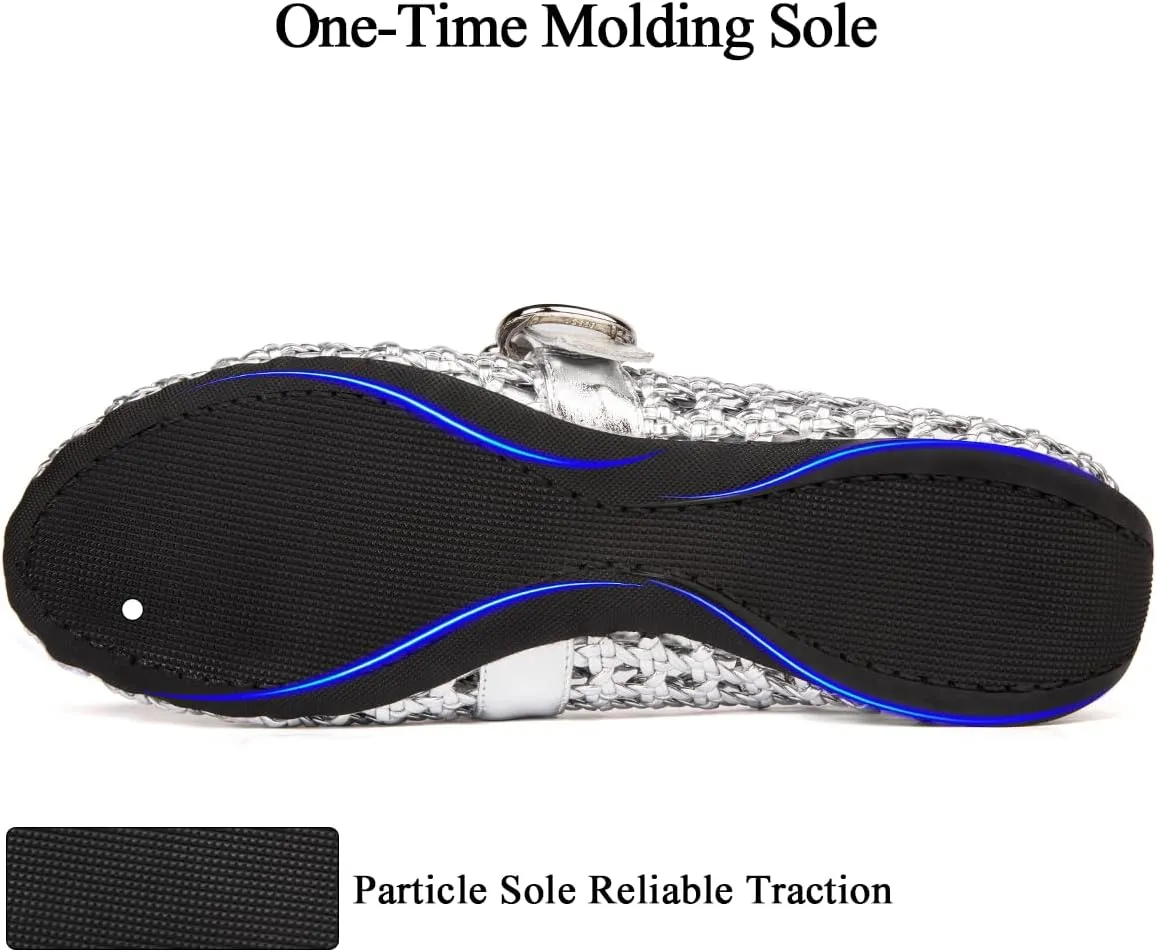 Mesh Ballet Flats for Women Hand Woven Slip on Mary Jane Flats Leather Round Toe Comfy Buckle Strap Dressy Beach Ballerina Sandals