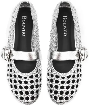 Mesh Ballet Flats for Women Hand Woven Slip on Mary Jane Flats Leather Round Toe Comfy Buckle Strap Dressy Beach Ballerina Sandals