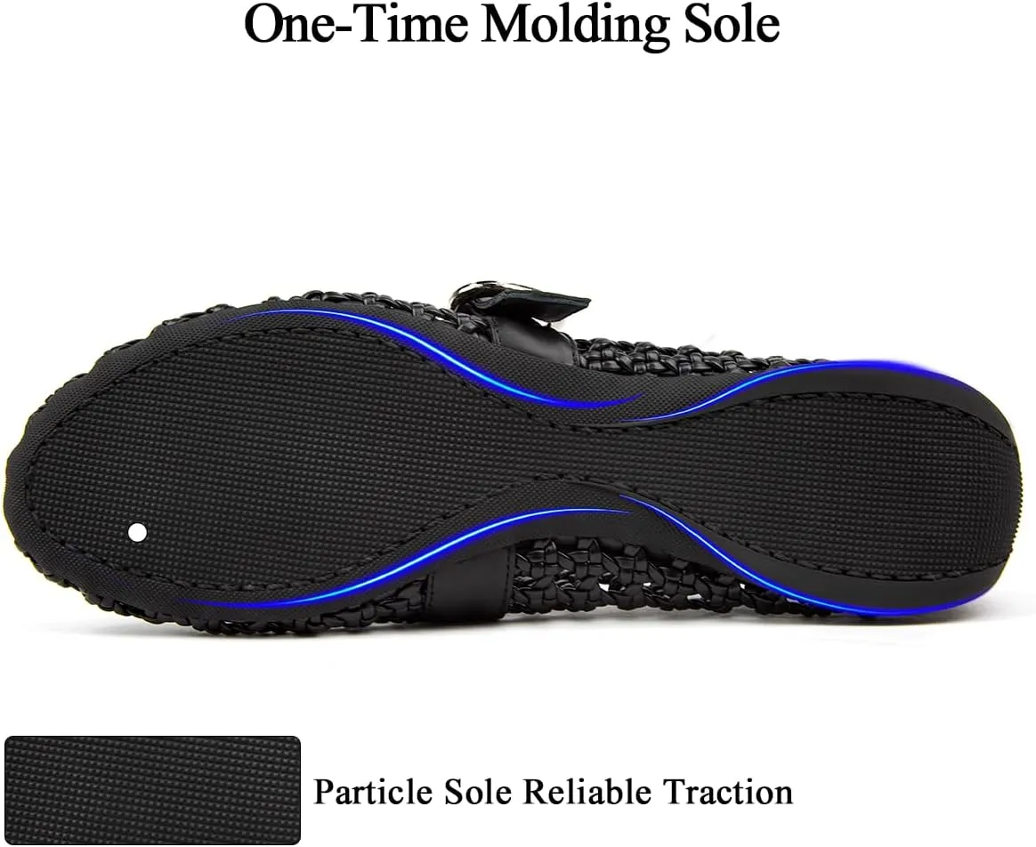 Mesh Ballet Flats for Women Hand Woven Slip on Mary Jane Flats Leather Round Toe Comfy Buckle Strap Dressy Beach Ballerina Sandals