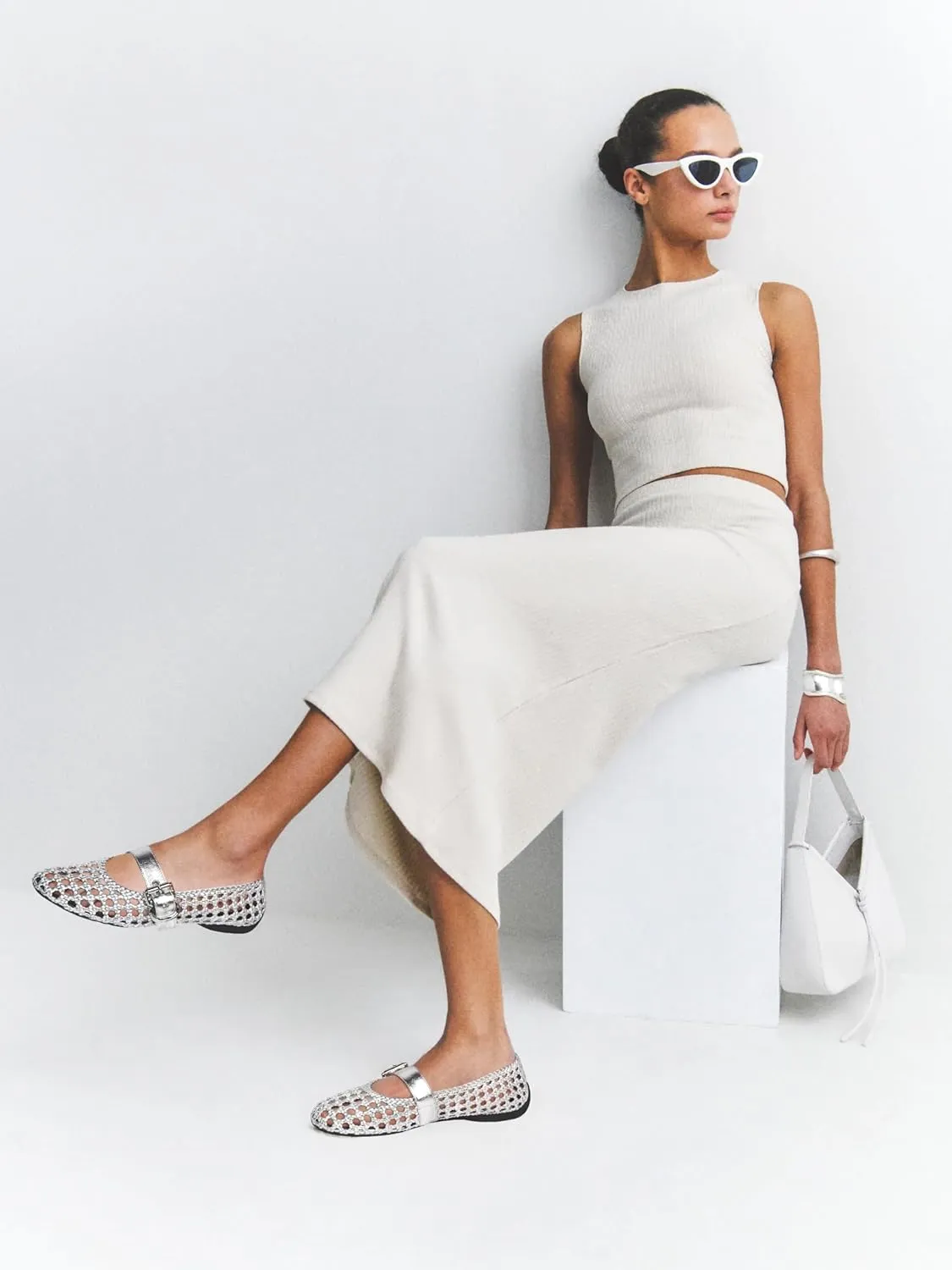 Mesh Ballet Flats for Women Hand Woven Slip on Mary Jane Flats Leather Round Toe Comfy Buckle Strap Dressy Beach Ballerina Sandals