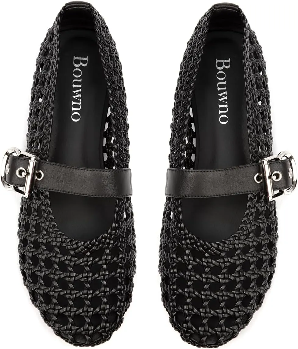 Mesh Ballet Flats for Women Hand Woven Slip on Mary Jane Flats Leather Round Toe Comfy Buckle Strap Dressy Beach Ballerina Sandals