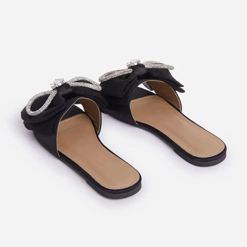 MissHeel Tulle Bow Flat Sandals with Rhinestone