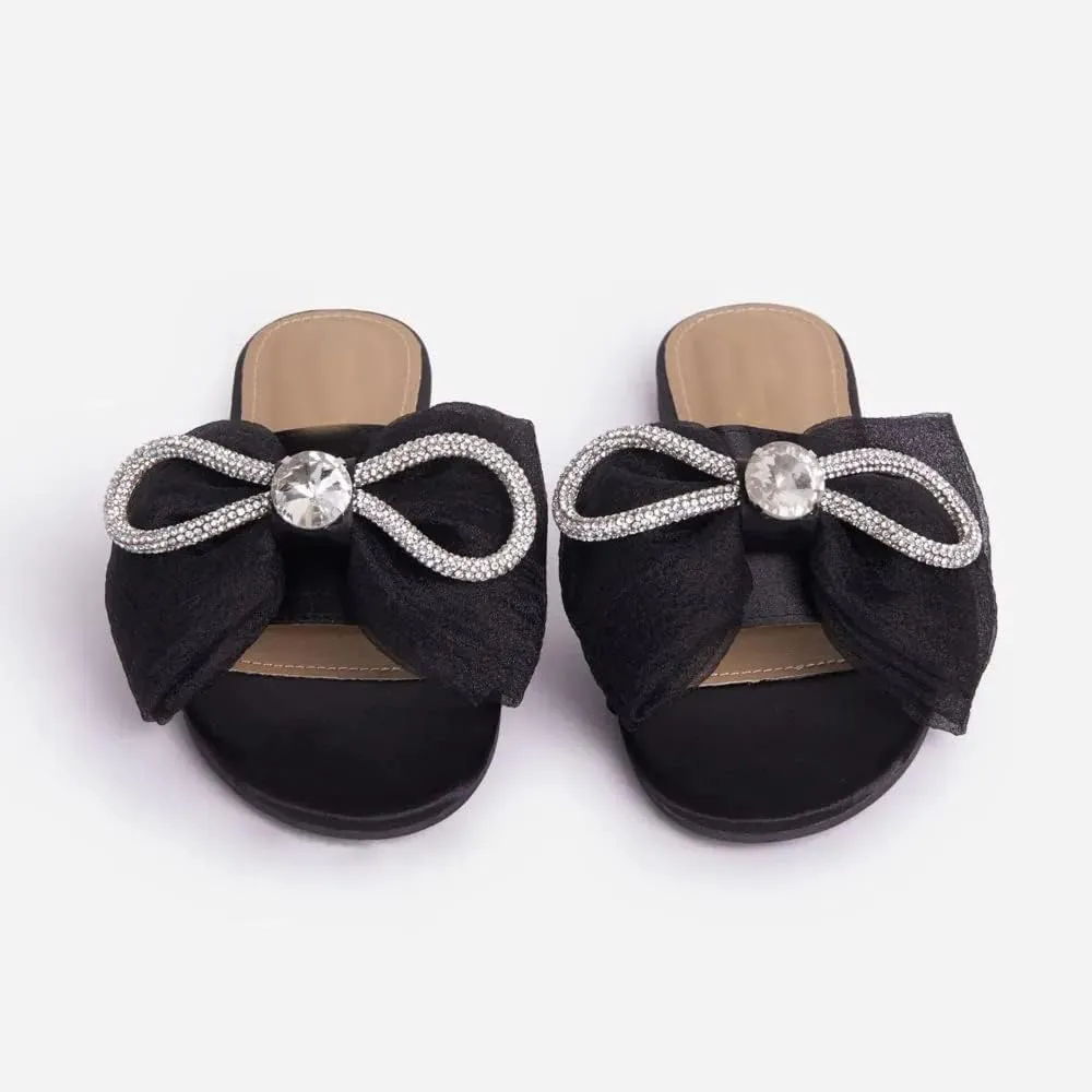 MissHeel Tulle Bow Flat Sandals with Rhinestone