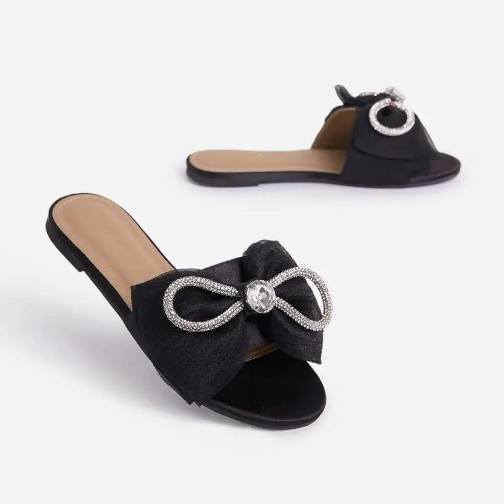 MissHeel Tulle Bow Flat Sandals with Rhinestone