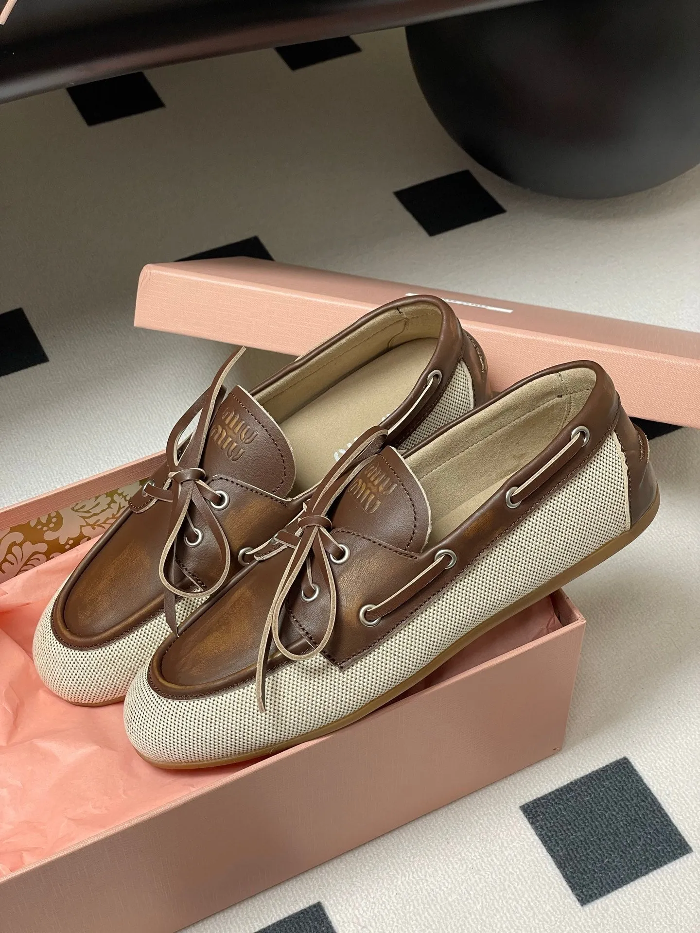 Miumiu Beige and Brown canvas leather loafer 227141