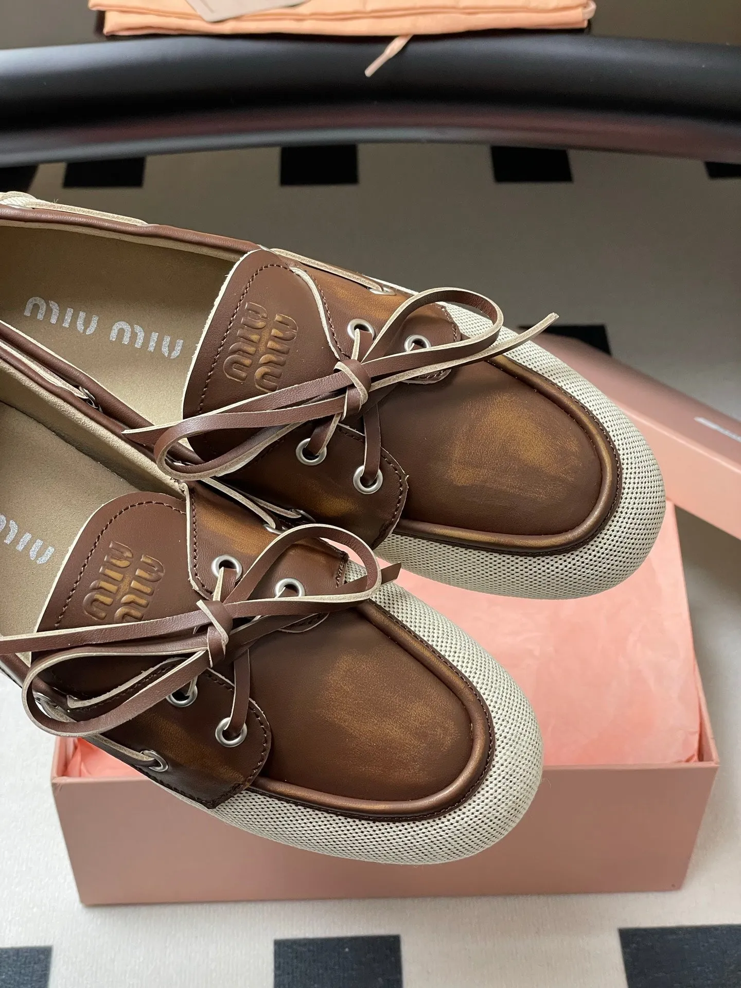 Miumiu Beige and Brown canvas leather loafer 227141