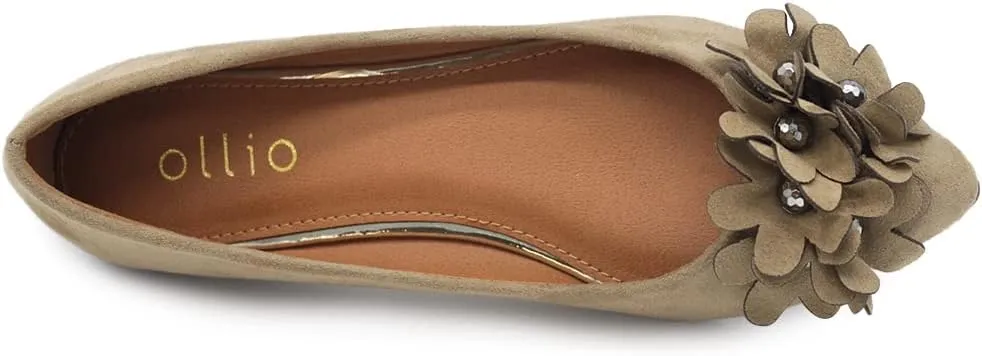 Ollio Women's Shoes Faux Suede Decorative Flower Pointed Toe Ballet Flats JYZ151